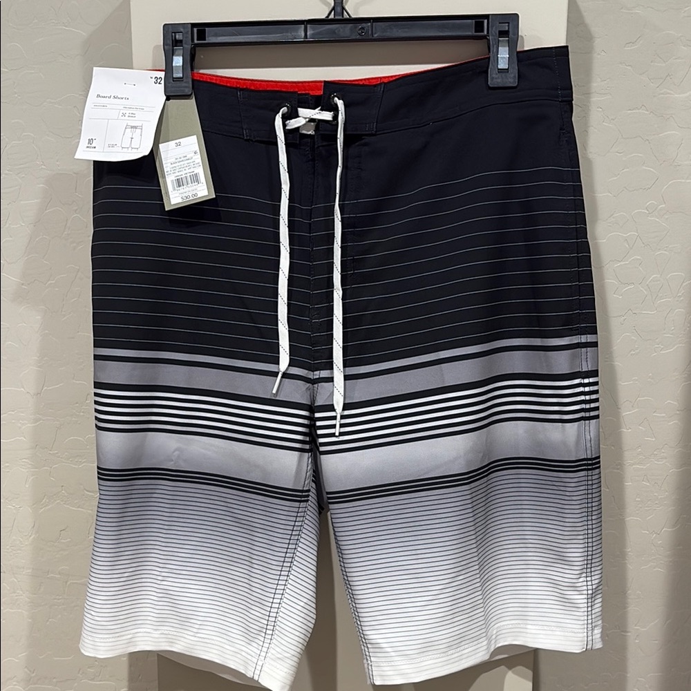 Men's Black and White Striped Swim Shorts